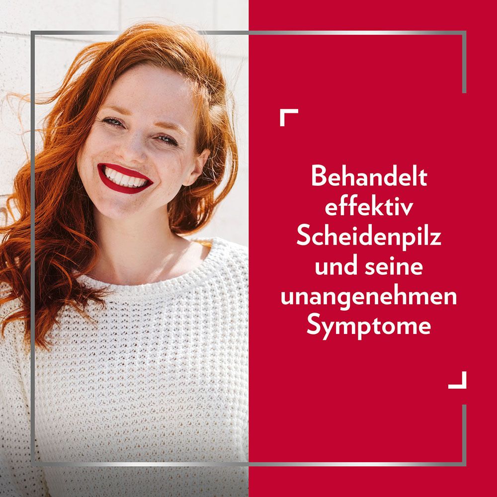 Frau mit roten Haaren lächelt. Text: Behandelt effektiv Scheidenpilz und seine unangenehmen Symptome.
