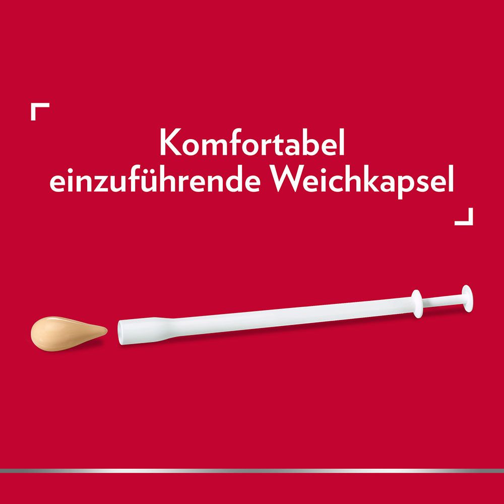 Weichkapsel und Applikator auf rotem Hintergrund. Text: Komfortabel einzuführende Weichkapsel.