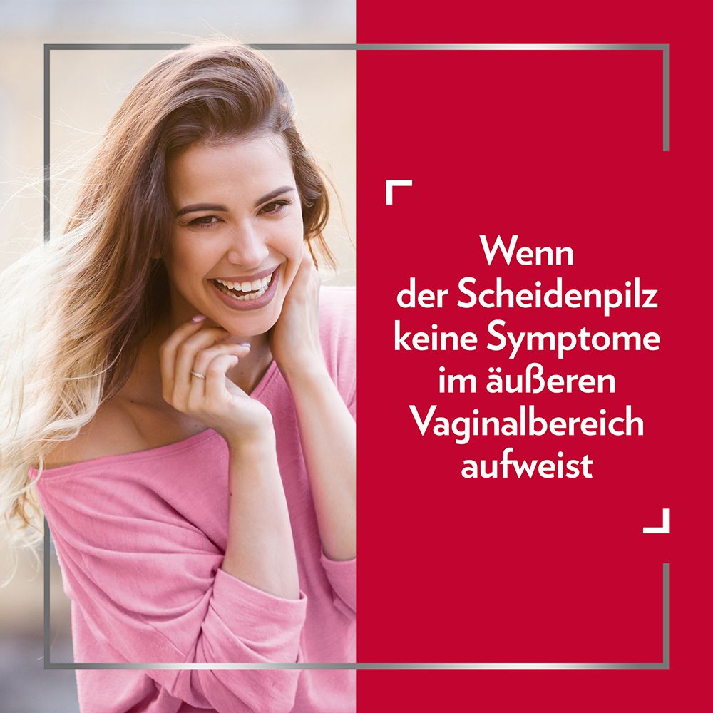 Frau lächelt. Text: Wenn der Scheidenpilz keine Symptome im äußeren Vaginalbereich aufweist.