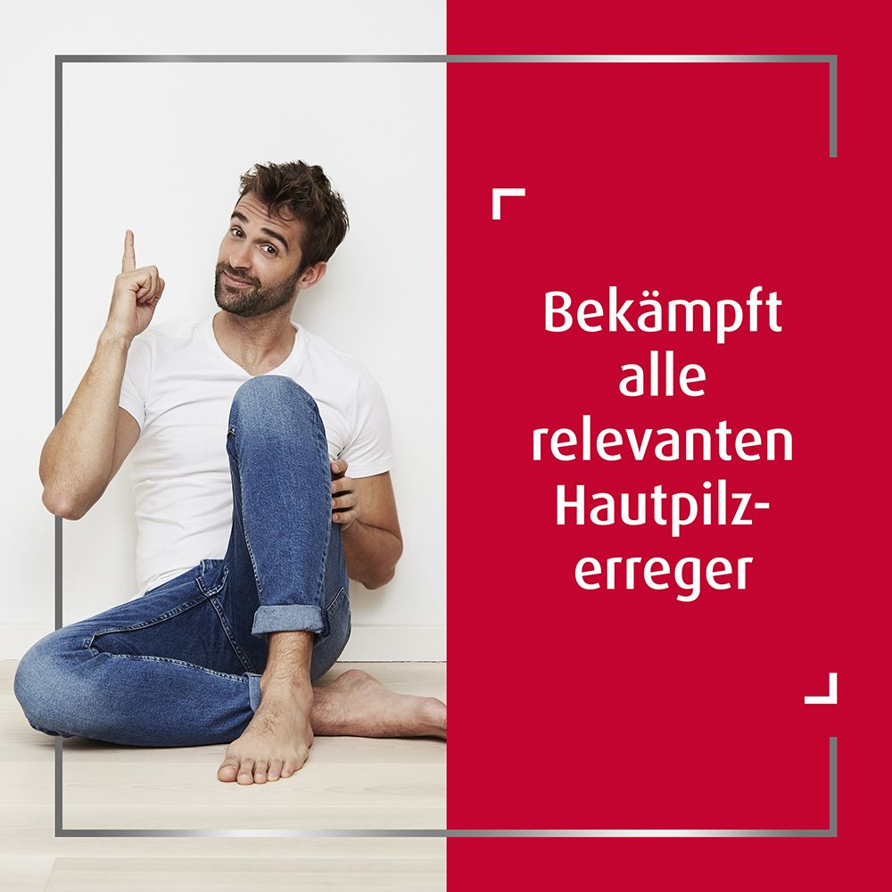Mann zeigt mit dem Finger nach oben. Text: Bekämpft alle relevanten Hautpilzerreger.