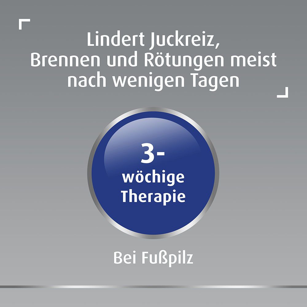 Blauer Kreis mit Text: 3-wöchige Therapie. Text: Lindert Juckreiz, Brennen und Rötungen meist nach wenigen Tagen.