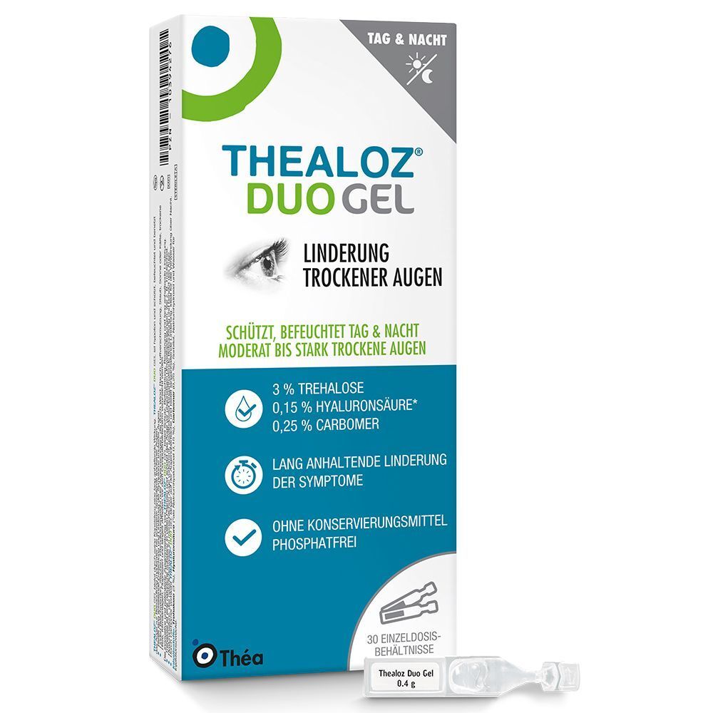 Verpackung von Thealoz Duo Gel. Enthält 30 Einzeldosis-Behältnisse. Aufschrift: Linderung trockener Augen.