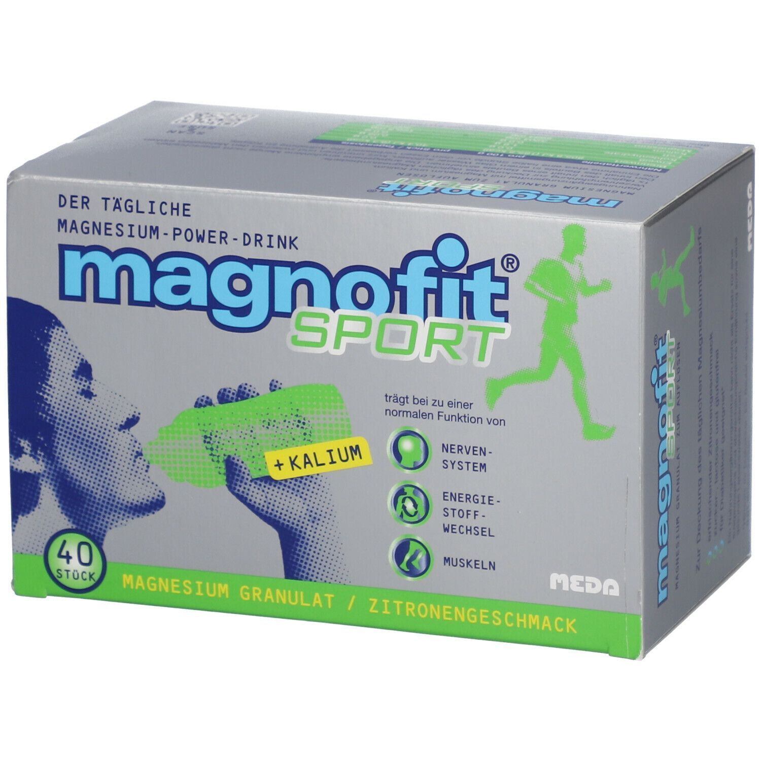Graue Verpackung von magnofit® SPORT. Enthält 40 Stück Magnesium Granulat mit Zitronengeschmack. Enthält Kalium. Abbildung eines Läufers.