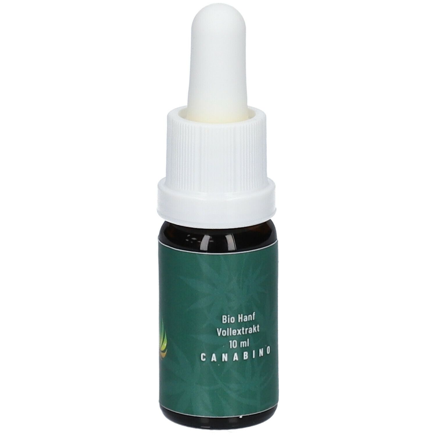 Braune Glasflasche mit weißem Tropfer. Aufschrift: Bio Hanf Vollextrakt 10 ml CANABINO. Österreichische Flagge.