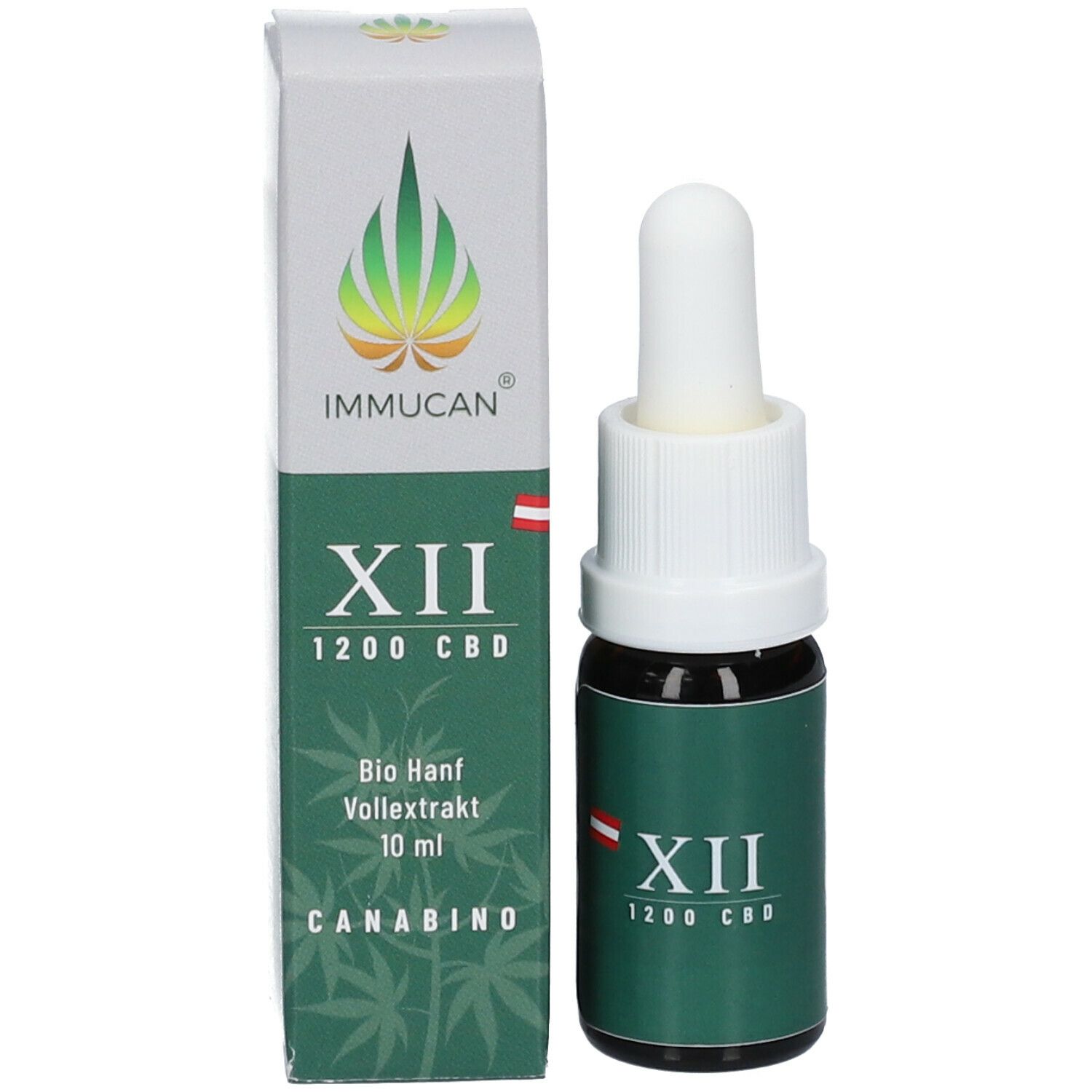 Braune Glasflasche mit weißem Tropfer und Verpackung. Aufschrift: IMMUCAN®, XII 1200 CBD, Bio Hanf Vollextrakt 10 ml CANABINO.