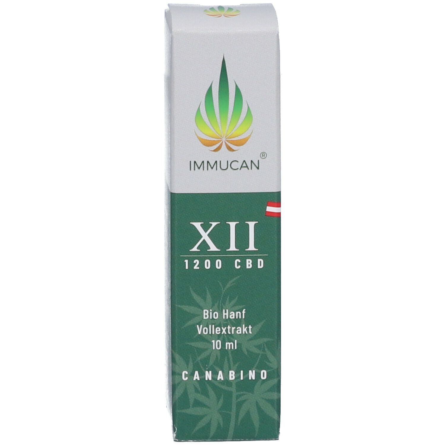 Verpackung mit Aufschrift: IMMUCAN®, XII 1200 CBD, Bio Hanf Vollextrakt 10 ml CANABINO. Hanfblatt-Symbol.