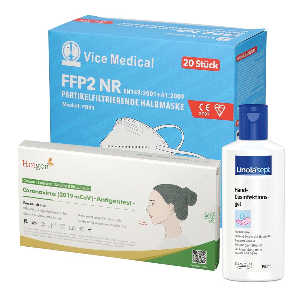 Hotgen Covid-19-Antigen-Selbsttest 10 Stück + FFP2 Schutzmaske 20er + Linola® sept Hand-Desinfektionsgel