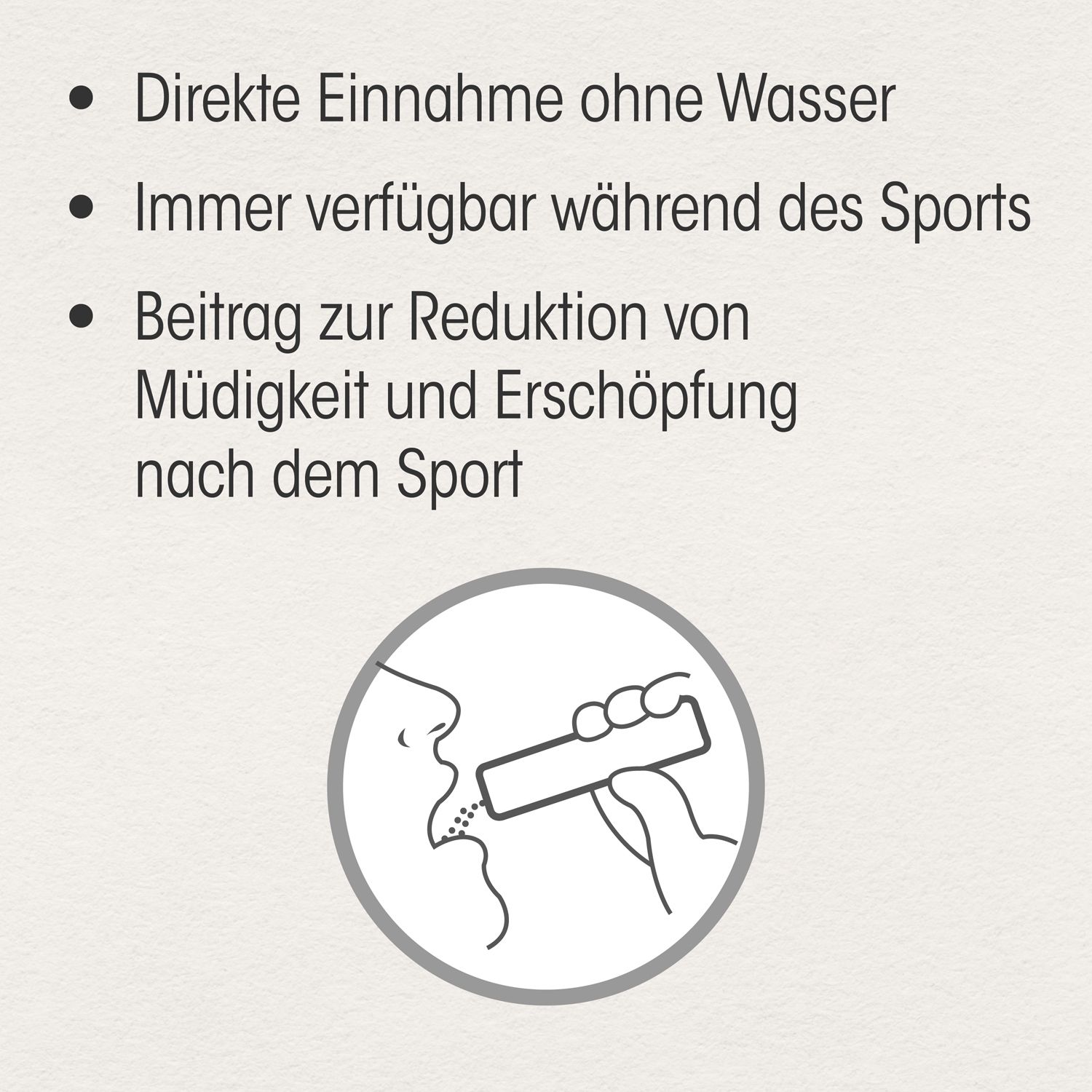 Grafik: Person nimmt Magnesium Sport® Stick ein. Text: Direkte Einnahme ohne Wasser, immer verfügbar während des Sports.