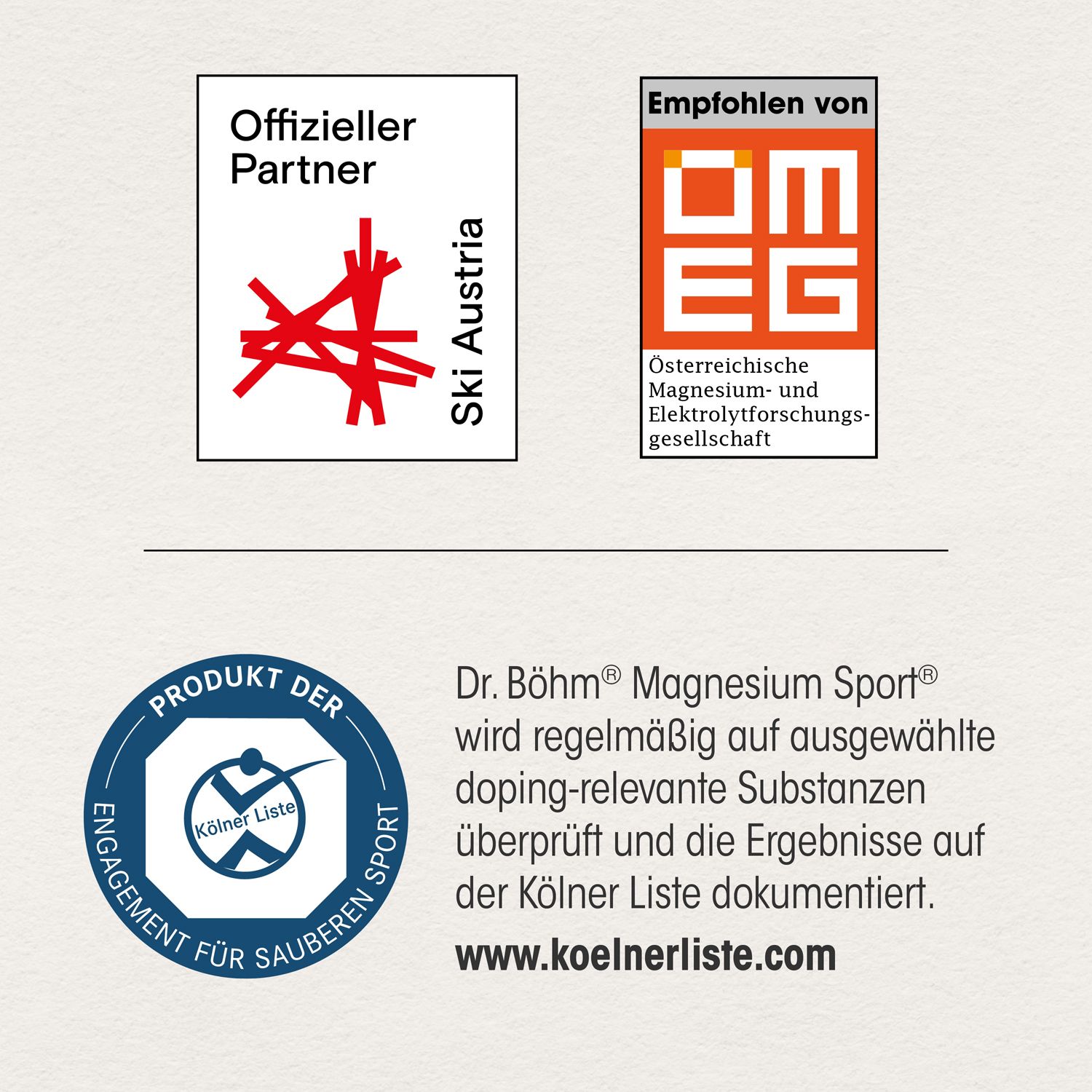 Logo Ski Austria, Logo ÖMG, Logo Kölner Liste. Text: Produkt der Kölner Liste.