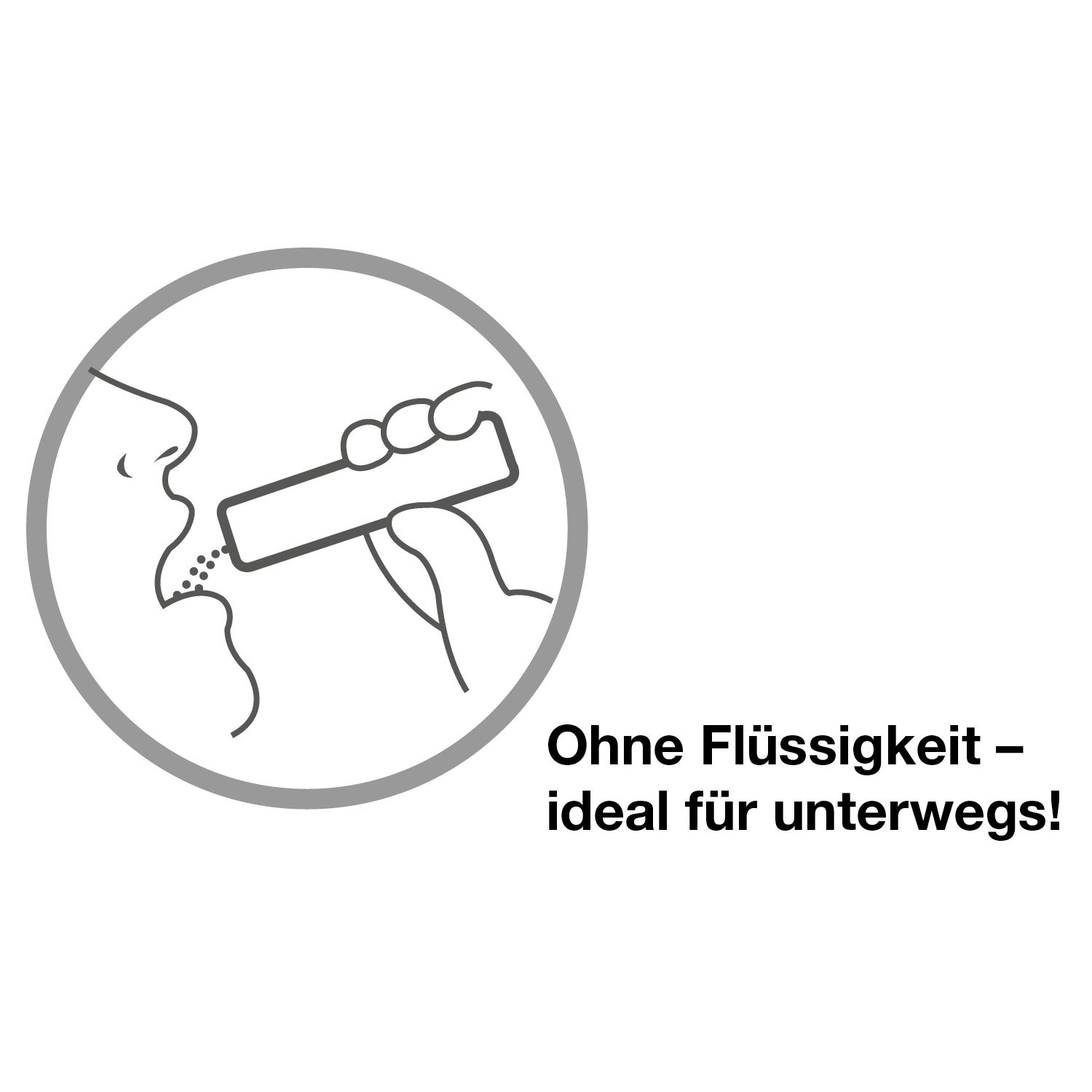Grafik: Person nimmt Magnesium Sport® Stick ein. Text: Ohne Flüssigkeit - ideal für unterwegs!