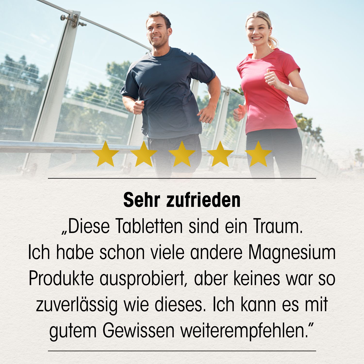 Zwei Läufer. Text: Sehr zufrieden. Zitat über Magnesiumprodukte. Sterne-Bewertung.