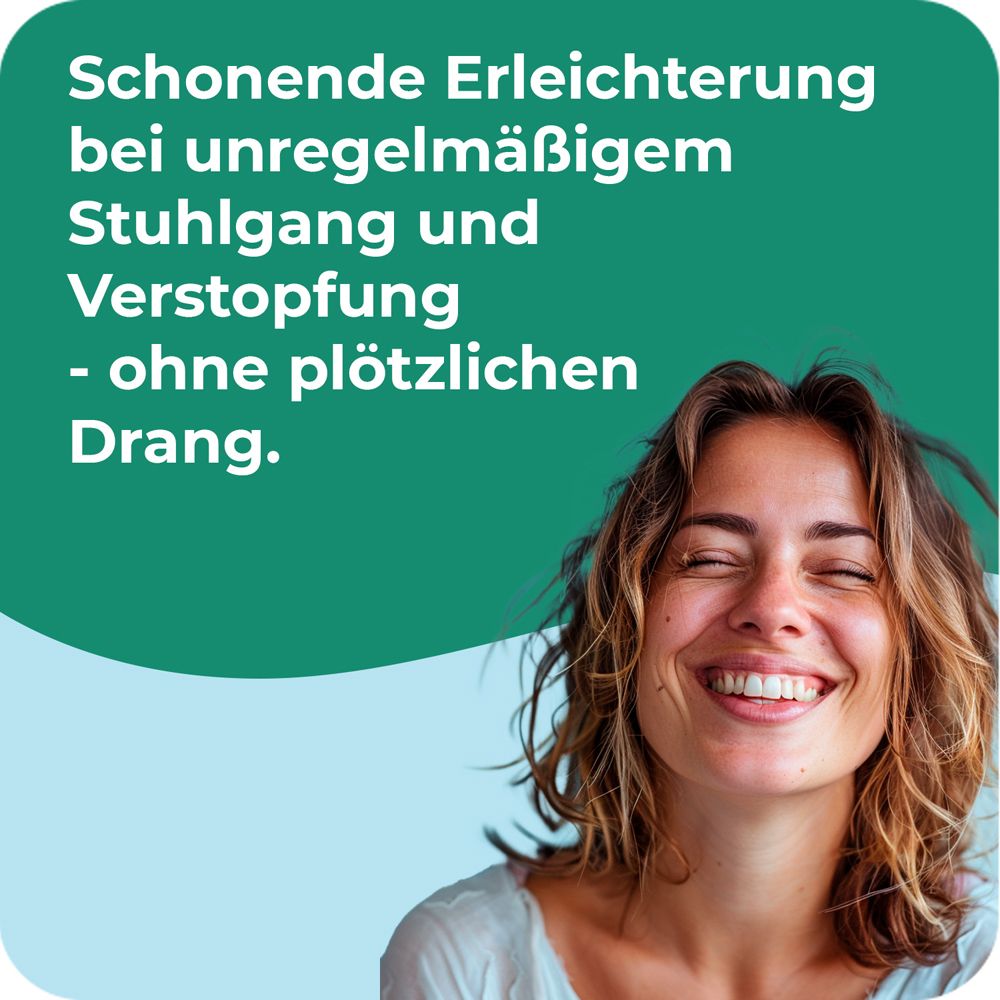 Frau lächelt. Text: Schonende Erleichterung bei unregelmäßigem Stuhlgang und Verstopfung - ohne plötzlichen Drang.
