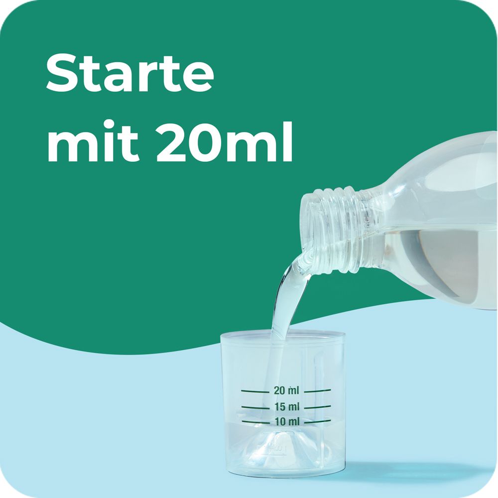 Messbecher mit Flüssigkeit. Text: Starte mit 20 ml. Skala mit ml-Angaben.
