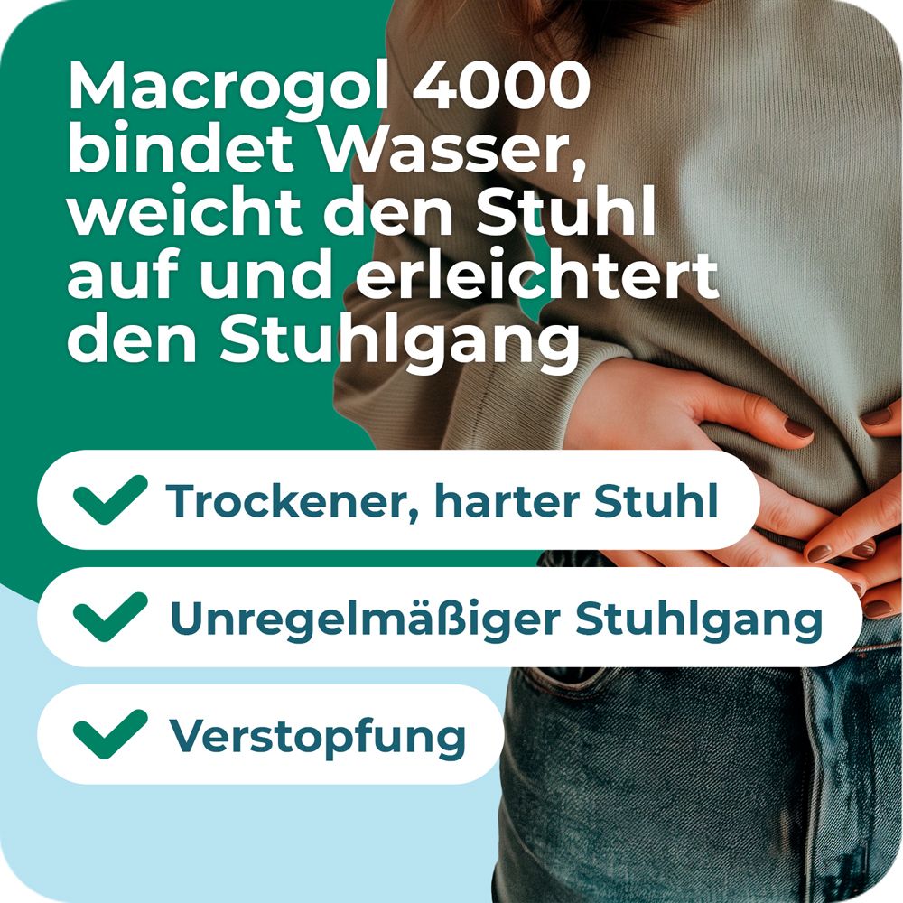 Frau hält Bauch. Text: Macrogol 4000 bindet Wasser, weicht den Stuhl auf und erleichtert den Stuhlgang. Symptome.