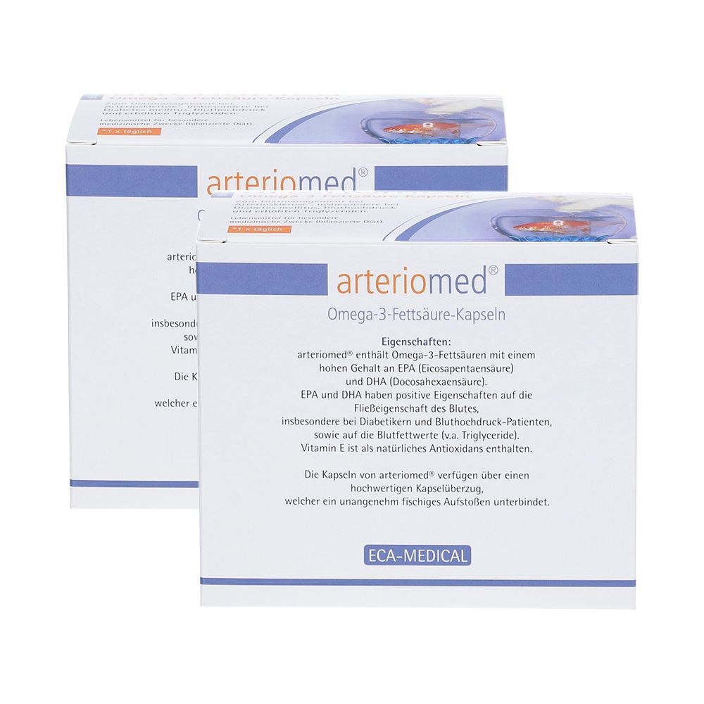 Zwei Packungen arteriomed Omega-3-Fettsäure-Kapseln. Weiße Schachteln mit blauem Schriftzug und Produktinformationen.
