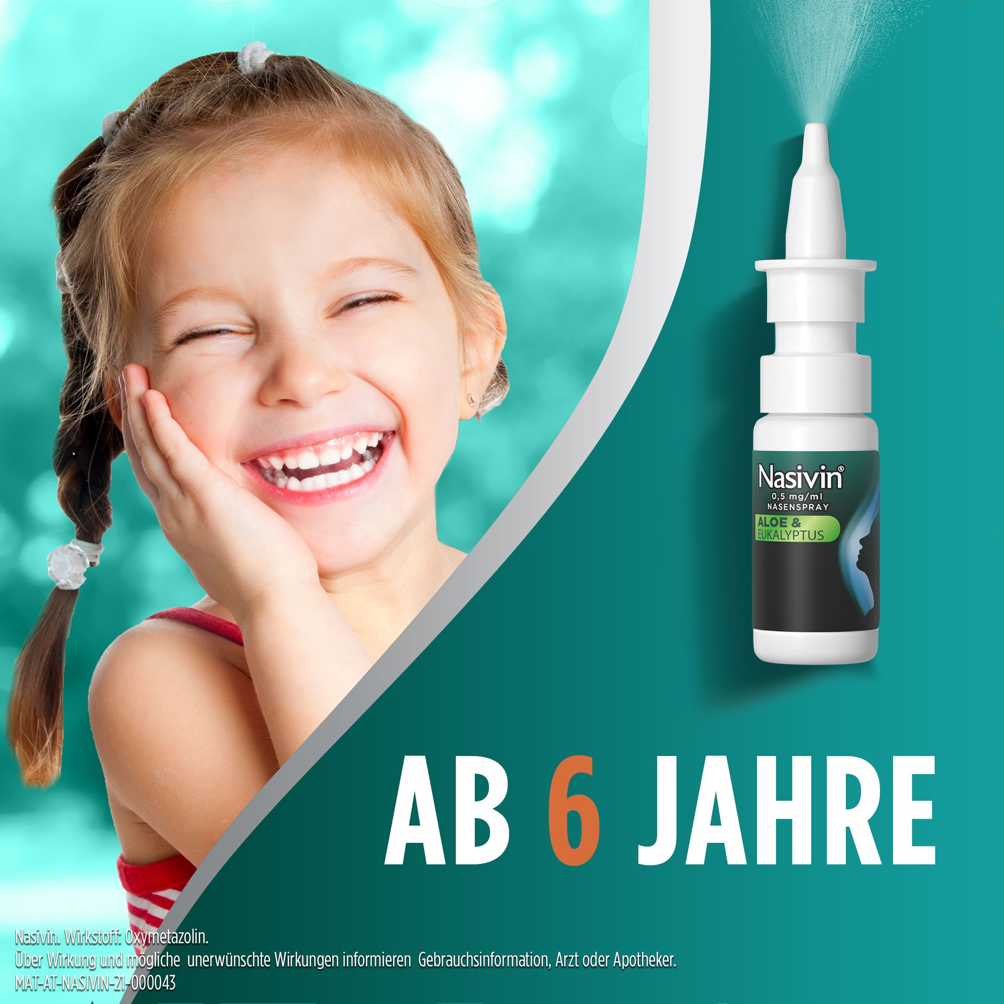 Kind lächelt, Nasivin Nasenspray daneben. Aufschrift: Nasivin, Aloe & Eukalyptus. Text: Ab 6 Jahre. Hintergrund: Türkis.