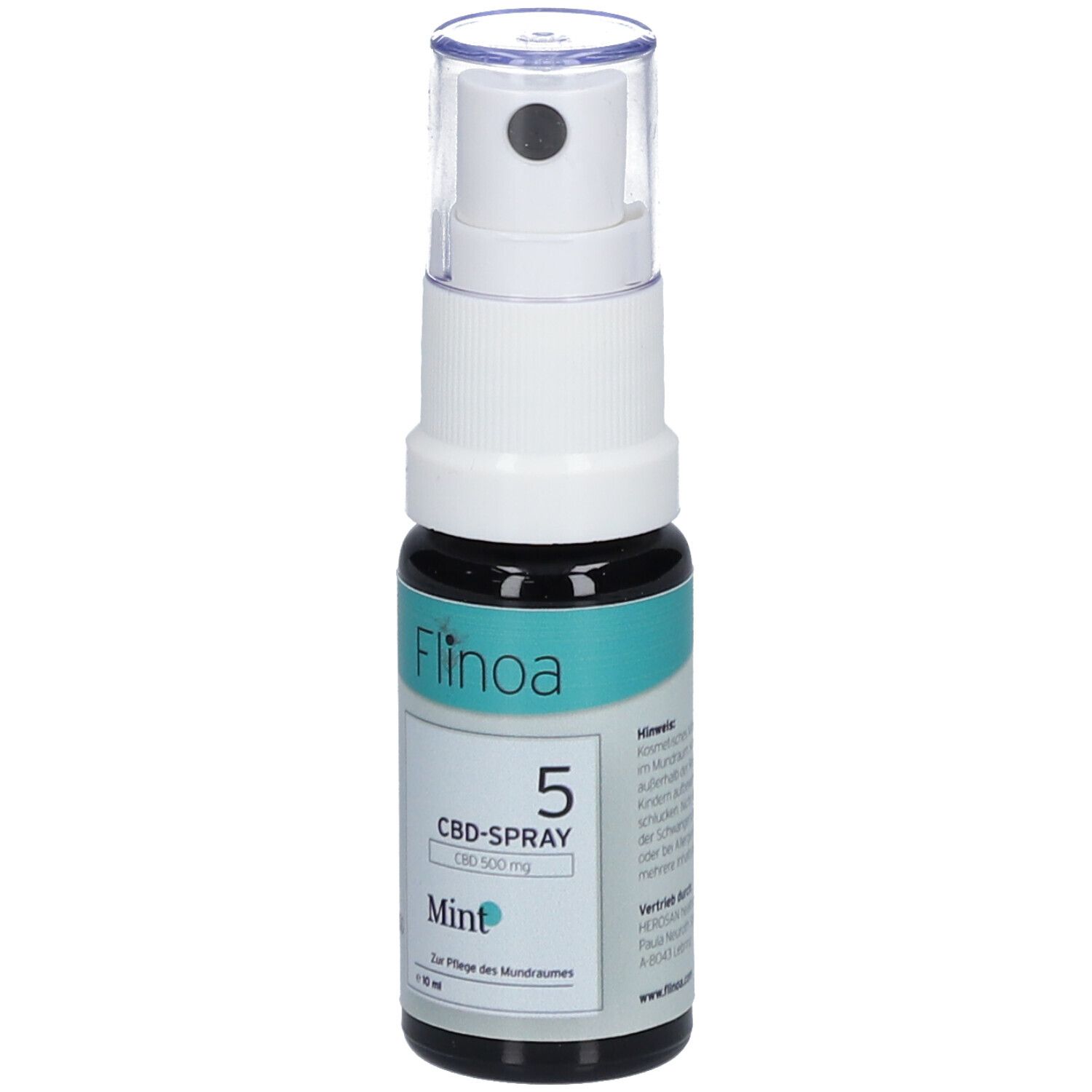 Flinoa 5 % CBD-Spray Mint. Weiße Sprühflasche mit grünem Etikett. Enthält 500 mg CBD. Mundpflege.