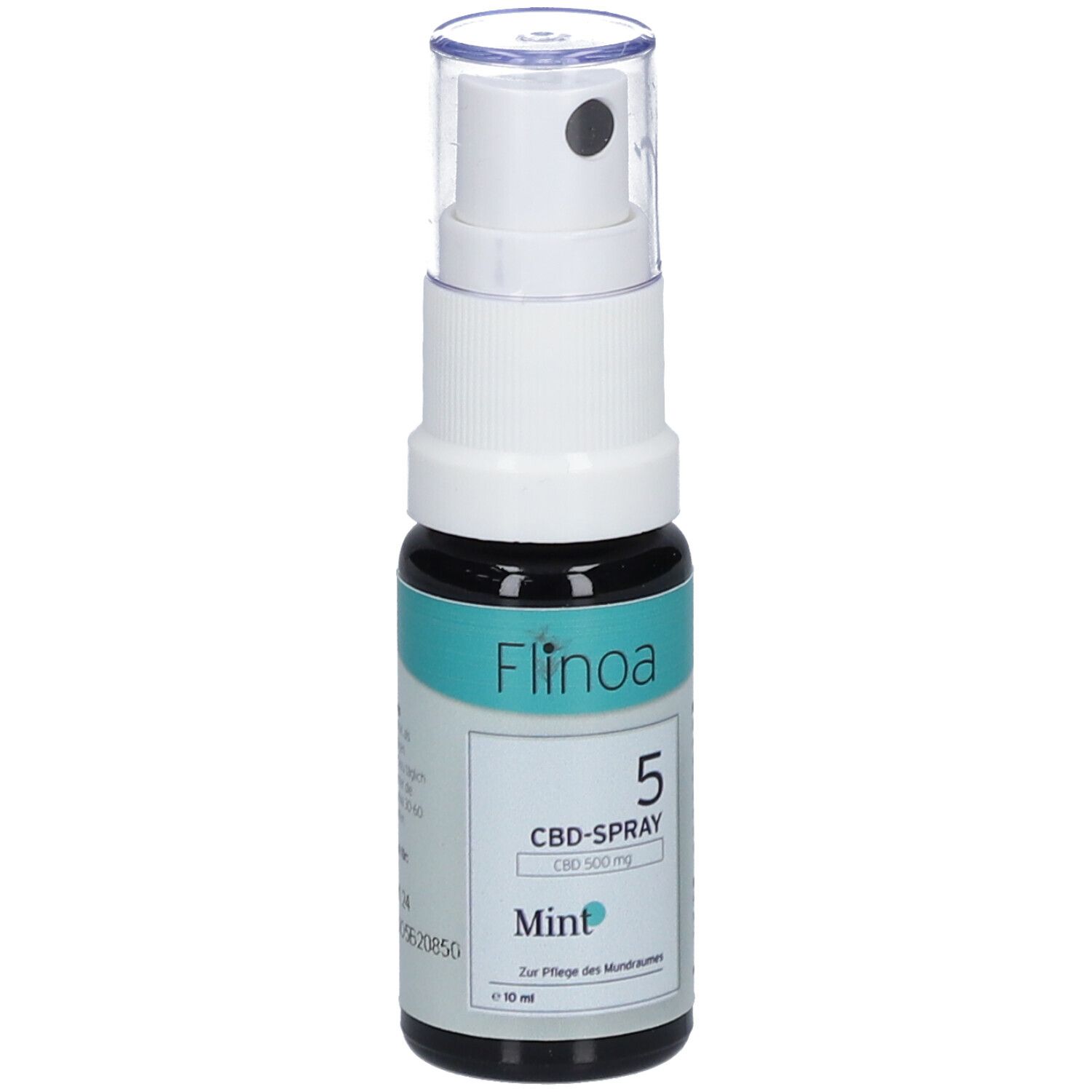 Flinoa 5 % CBD-Spray Mint. Weiße Sprühflasche mit grünem Etikett. Enthält 500 mg CBD. Mundpflege.