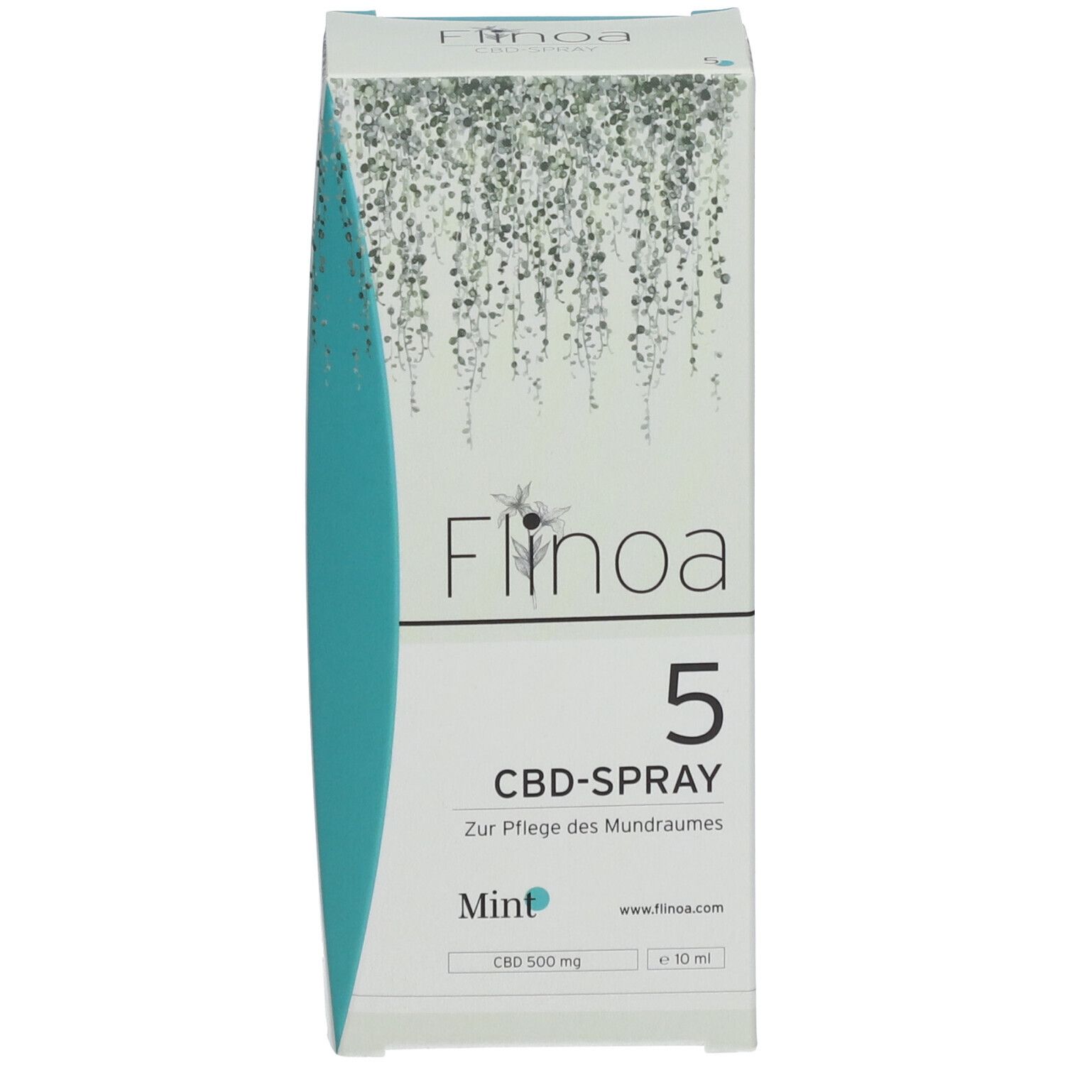 Flinoa 5 % CBD-Spray Mint. Verpackung mit grünem Design. Enthält Informationen zum Produkt und zur Marke.