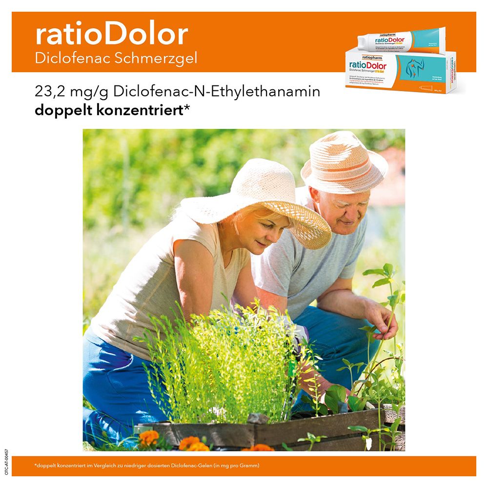 Älteres Ehepaar im Garten. Im Hintergrund Produktverpackung von ratioDolor 2% Gel. Produktname und Logo sichtbar. Text: '23,2 mg/g Diclofenac-N-Ethyl...'.