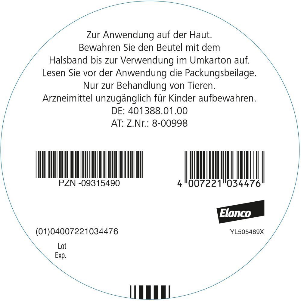 Runde Verpackung mit Text. Barcodes, Elanco Logo und Informationen zur Anwendung des Halsbands.