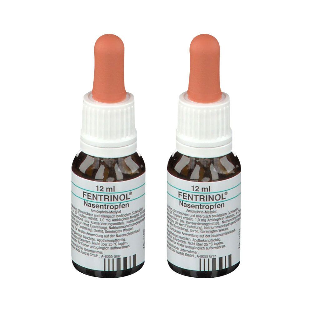 Zwei Flaschen mit brauner Flüssigkeit und orangen Tropfern. Aufschrift: FENTRINOL® Nasentropfen, 12 ml.
