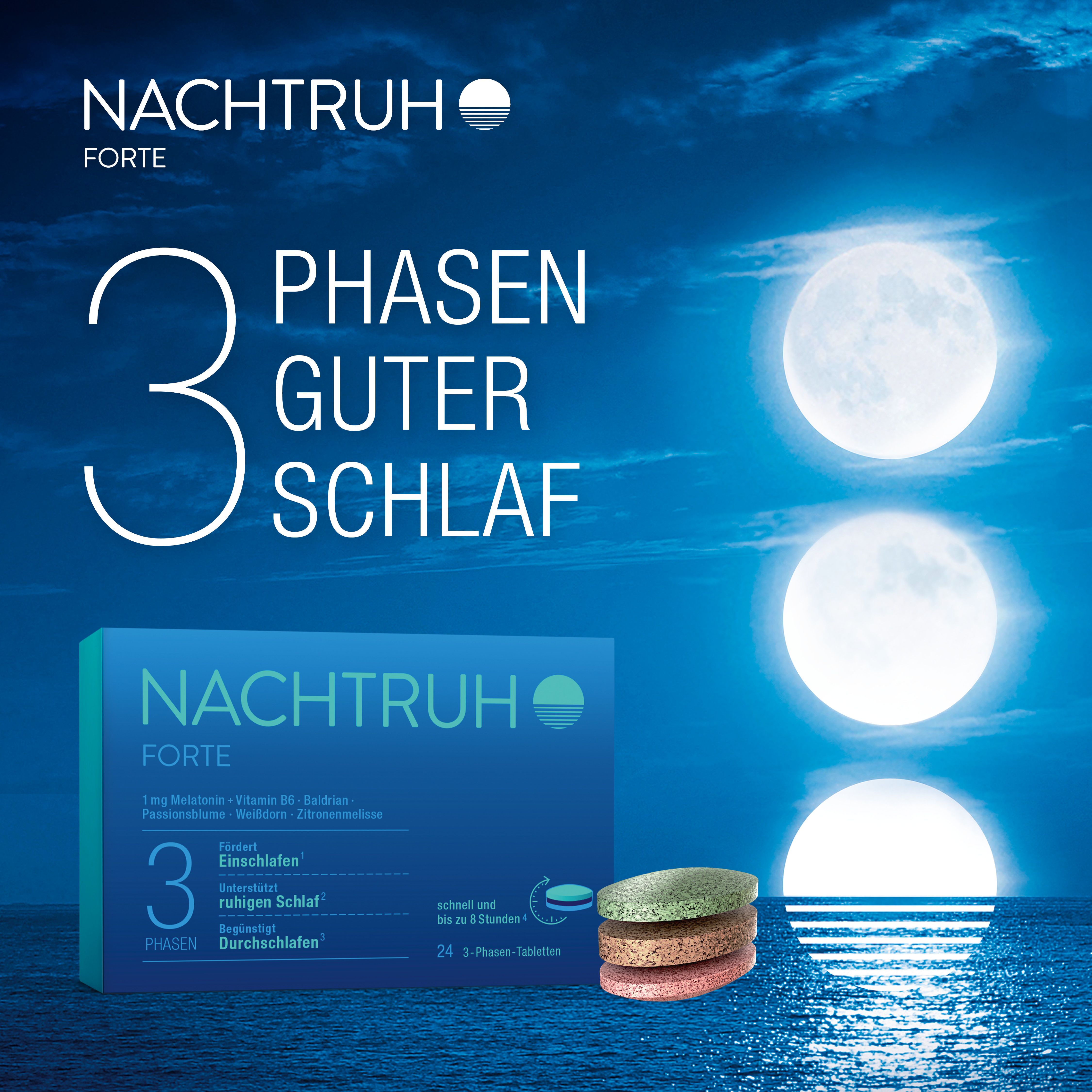 Produkt NACHTRUH FORTE mit 3 Monden und dem Text "3 Phasen guter Schlaf". Tabletten in 3 Farben.
