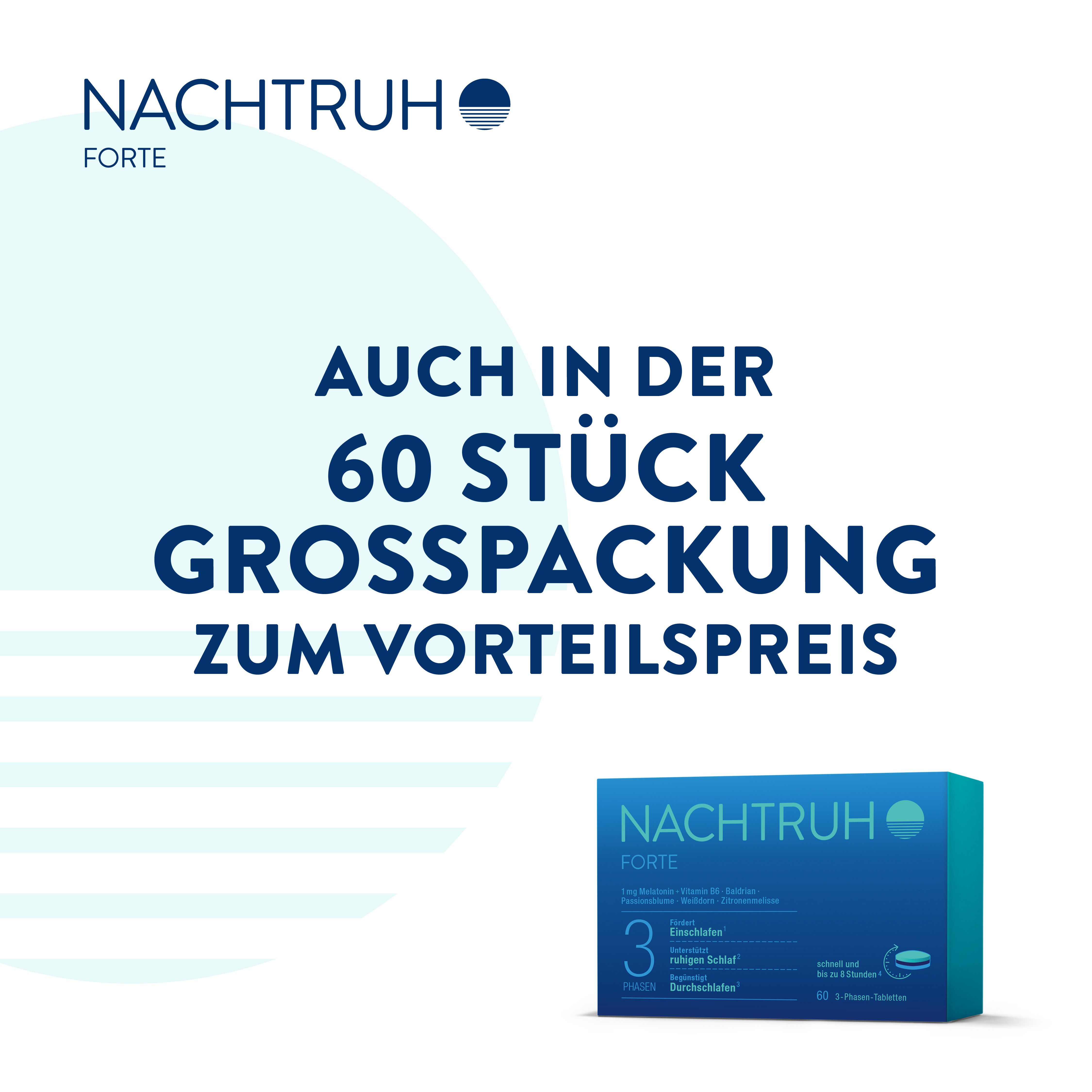 Produktverpackung. Text: "Auch in der 60 Stück Großpackung zum Vorteilspreis". NACHTRUH FORTE Logo.