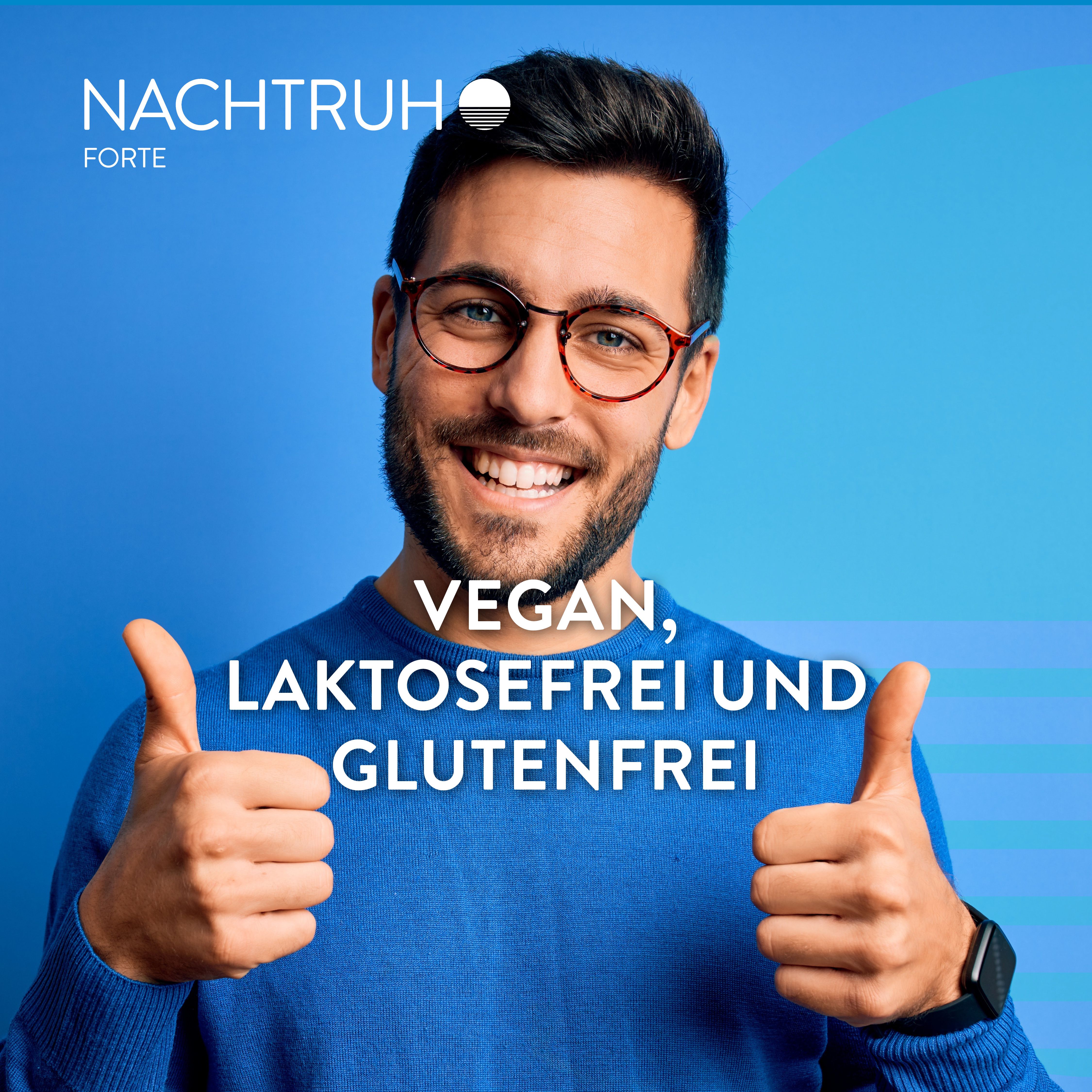 Mann mit Brille. Text: "Vegan, laktosefrei und glutenfrei". NACHTRUH FORTE Logo.
