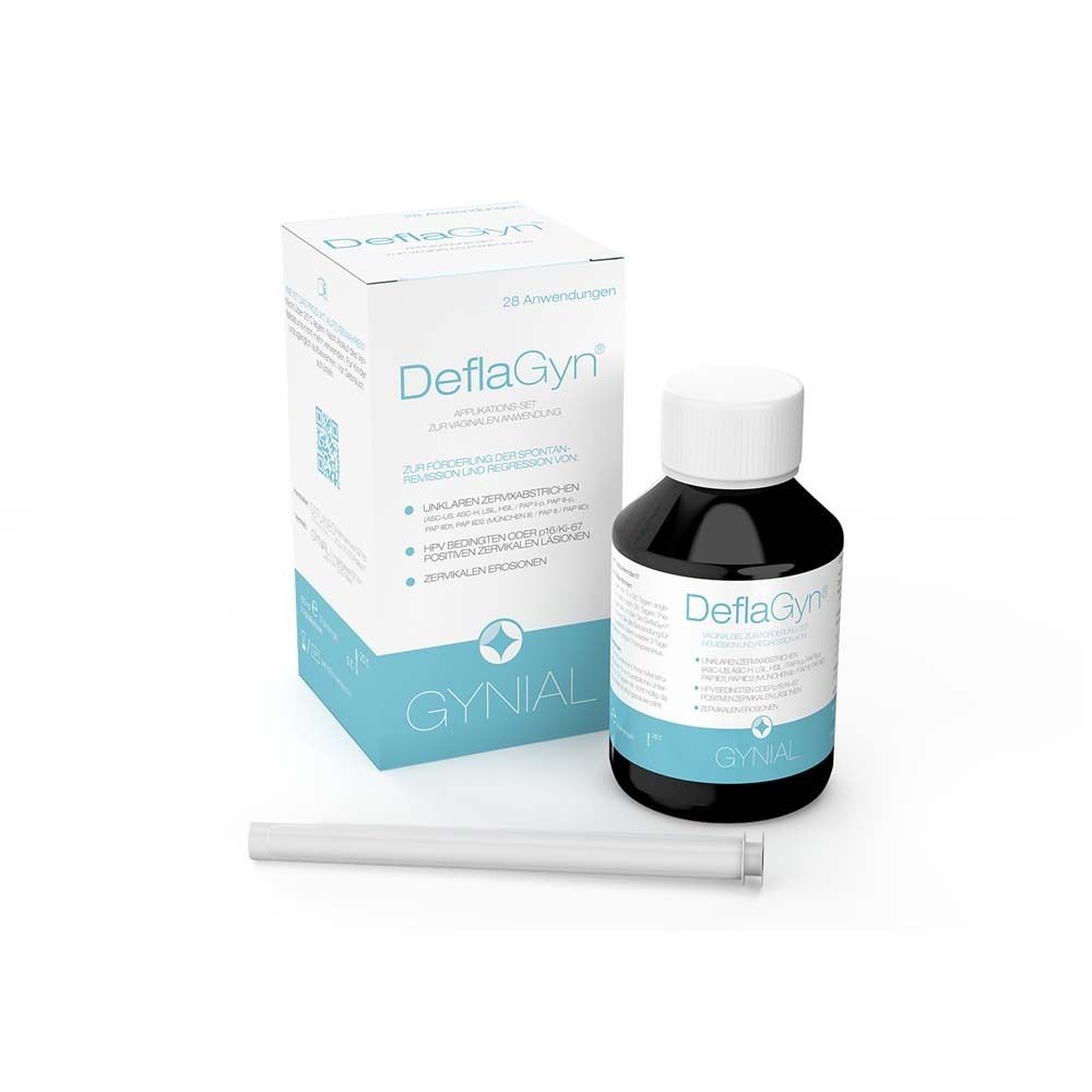 Produkt DeflaGyn® mit Flasche, Applikator und Verpackung. Flasche mit weißem Deckel, Applikator, Verpackung.