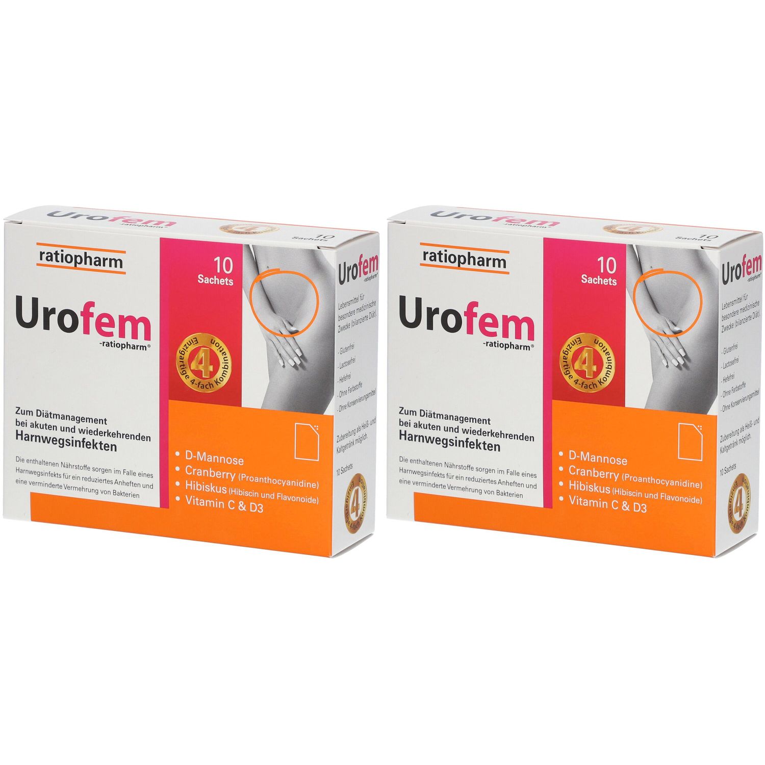 Zwei Kartons ratiopharm Urofem. Aufdruck: 10 Sachets, Inhaltsstoffe: D-Mannose, Cranberry, Hibiskus, Vitamin C & D3.
