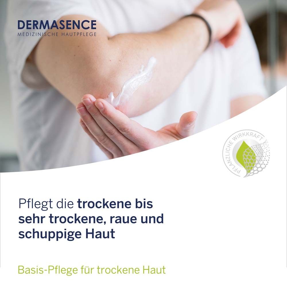 Person trägt Creme auf den Ellenbogen auf. Text: Pflegt die trockene bis sehr trockene, raue und schuppige Haut.