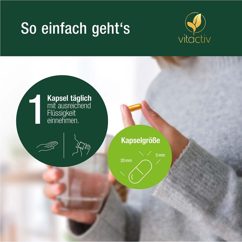 Frau nimmt Kapsel ein. Grüne Kreise: 1 Kapsel täglich, Kapselgröße: 20mm x 5mm.