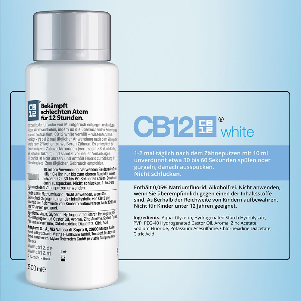 CB12 White Mundspülung Flasche. Weißes Design, silberner Deckel. Text: Bekämpft schlechten Atem für 12 Stunden. Inhaltsstoffe und Anwendungshinweise.