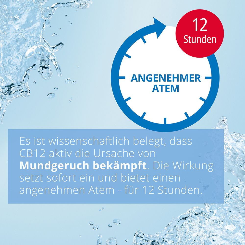 Blaues Design mit Wasser. Text: Angenehmer Atem für 12 Stunden. CB12 bekämpft aktiv die Ursache von Mundgeruch.