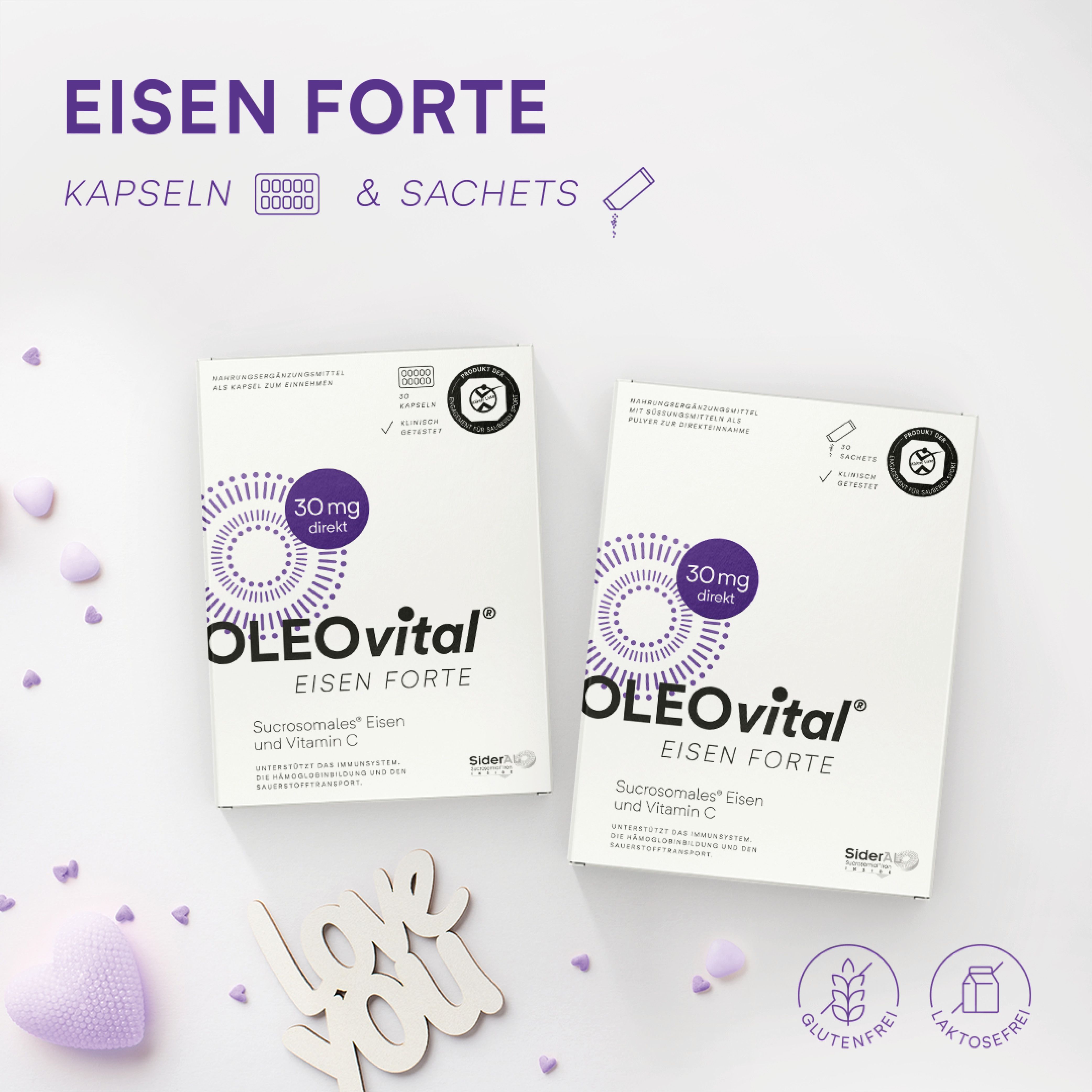 Zwei Kartons "OLEOvital Eisen Forte" mit 30mg-Angabe. Sucrosomiales Eisen und Vitamin C. Glutenfrei, laktosefrei.