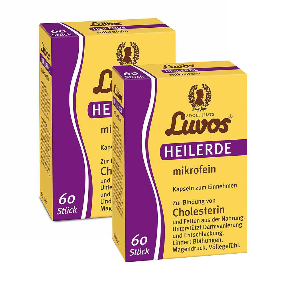 Zwei gelbe Kartons mit der Aufschrift "Luvos Heilerde mikrofein". Aufdrucke: "60 Stück", Produktinformationen und Logo.
