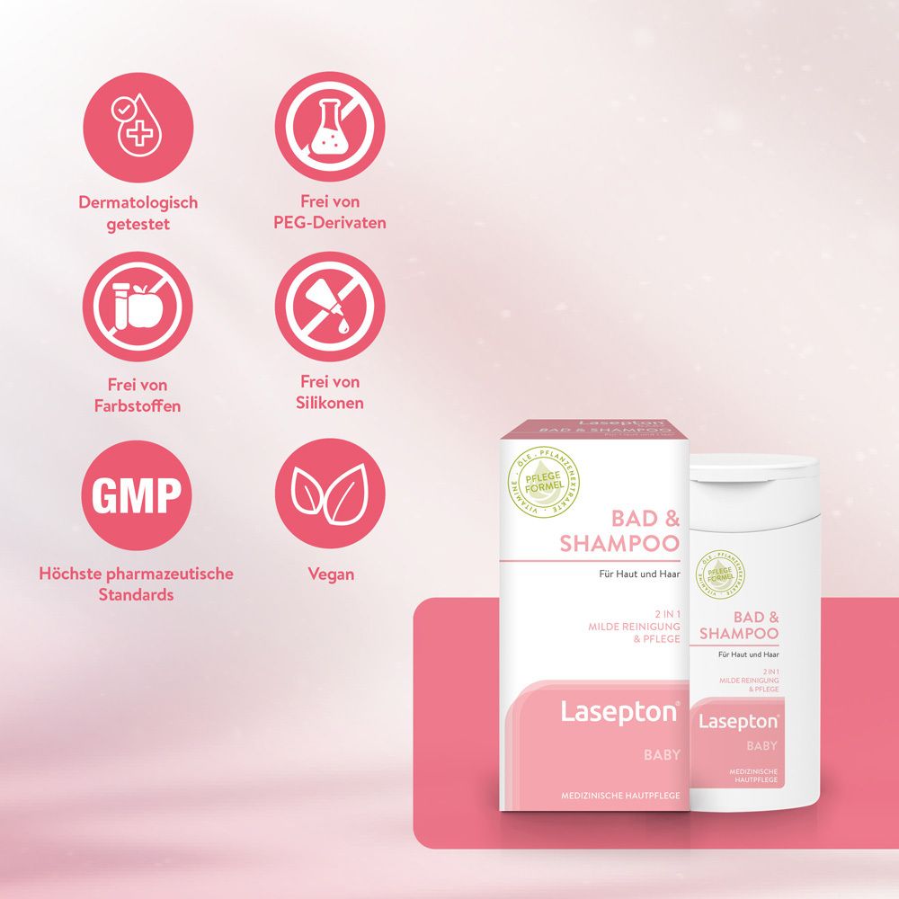 Lasepton Baby Bad & Shampoo Verpackung mit Icons: Dermatologisch getestet, Frei von PEG-Derivaten, Farbstoffen, Silikonen, Vegan, GMP.