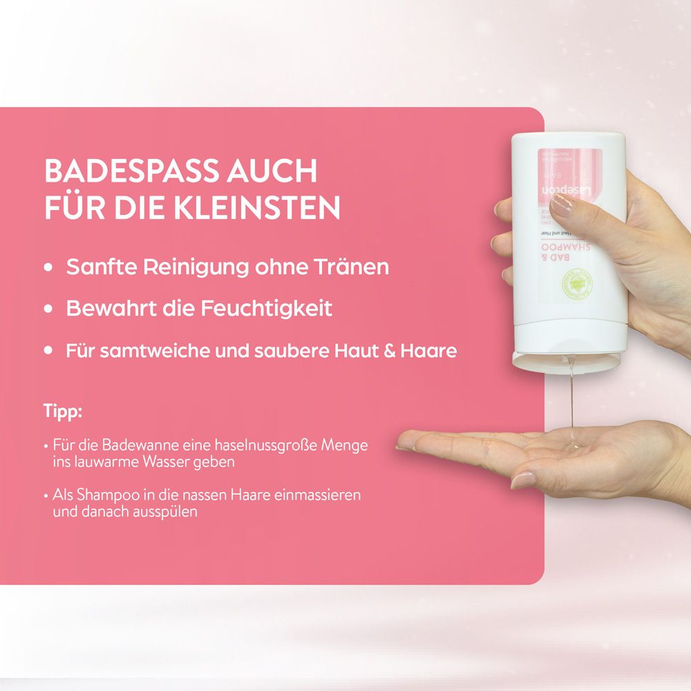 Hand hält Lasepton Baby Bad & Shampoo Flasche, mit Text "Badespaß auch für die Kleinsten".