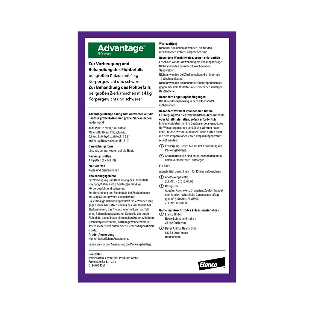 Rückseite einer Advantage®-Verpackung. Enthält Informationen zur Anwendung und Inhaltsstoffe.