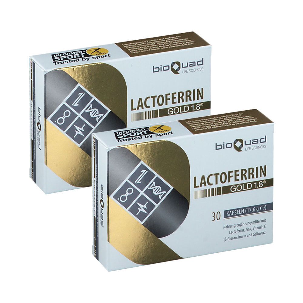 Zwei Schachteln LACTOFERRIN GOLD 1.8°. Aufschrift: bioQuad, 30 Kapseln. Goldfarbene Akzente. Logo: Informed Sport.