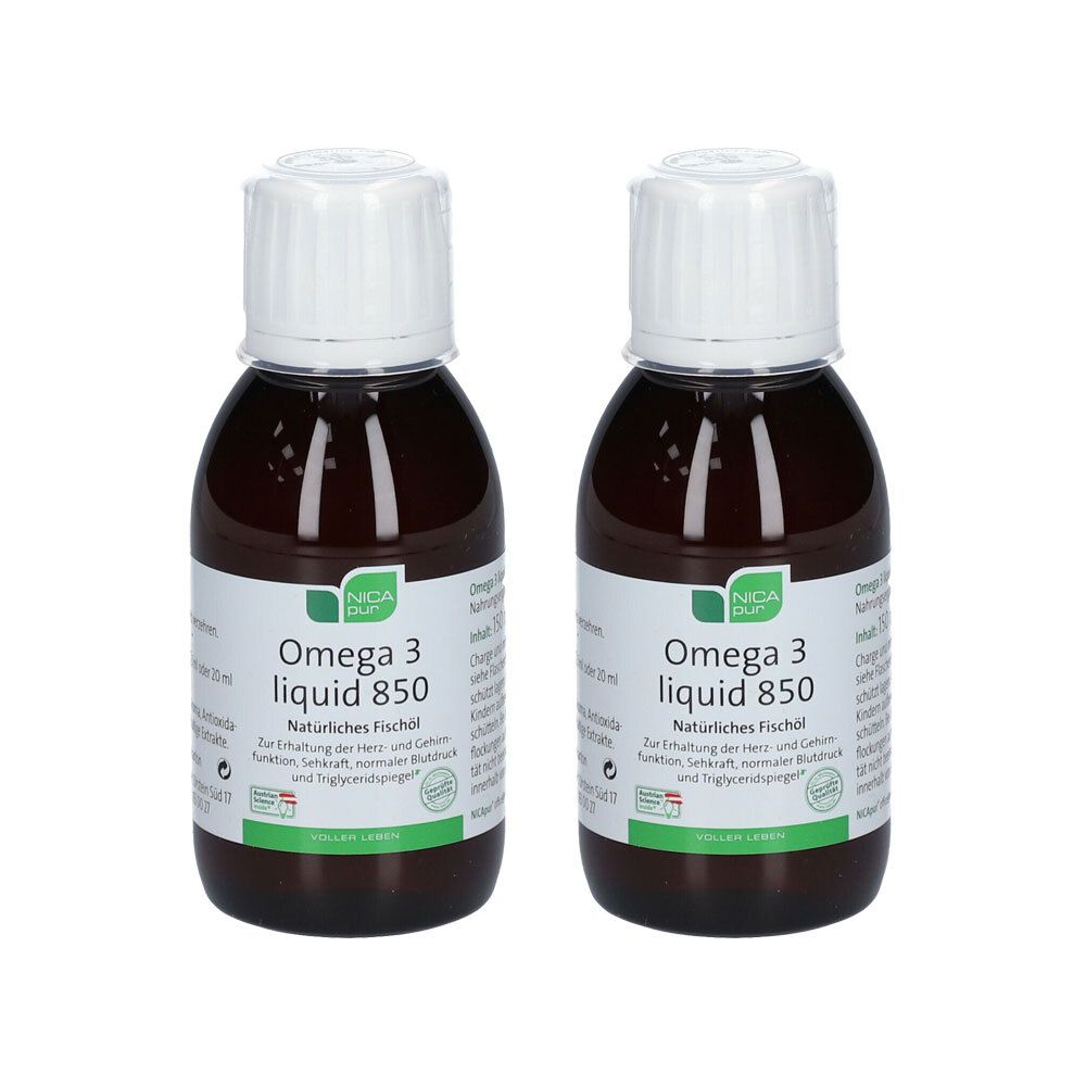 Zwei Flaschen NICAPUR® Omega 3 liquid 850. Braune Flüssigkeit in Glasflaschen mit weißen Deckeln und Etiketten. Aufschrift: Omega 3 liquid 850.