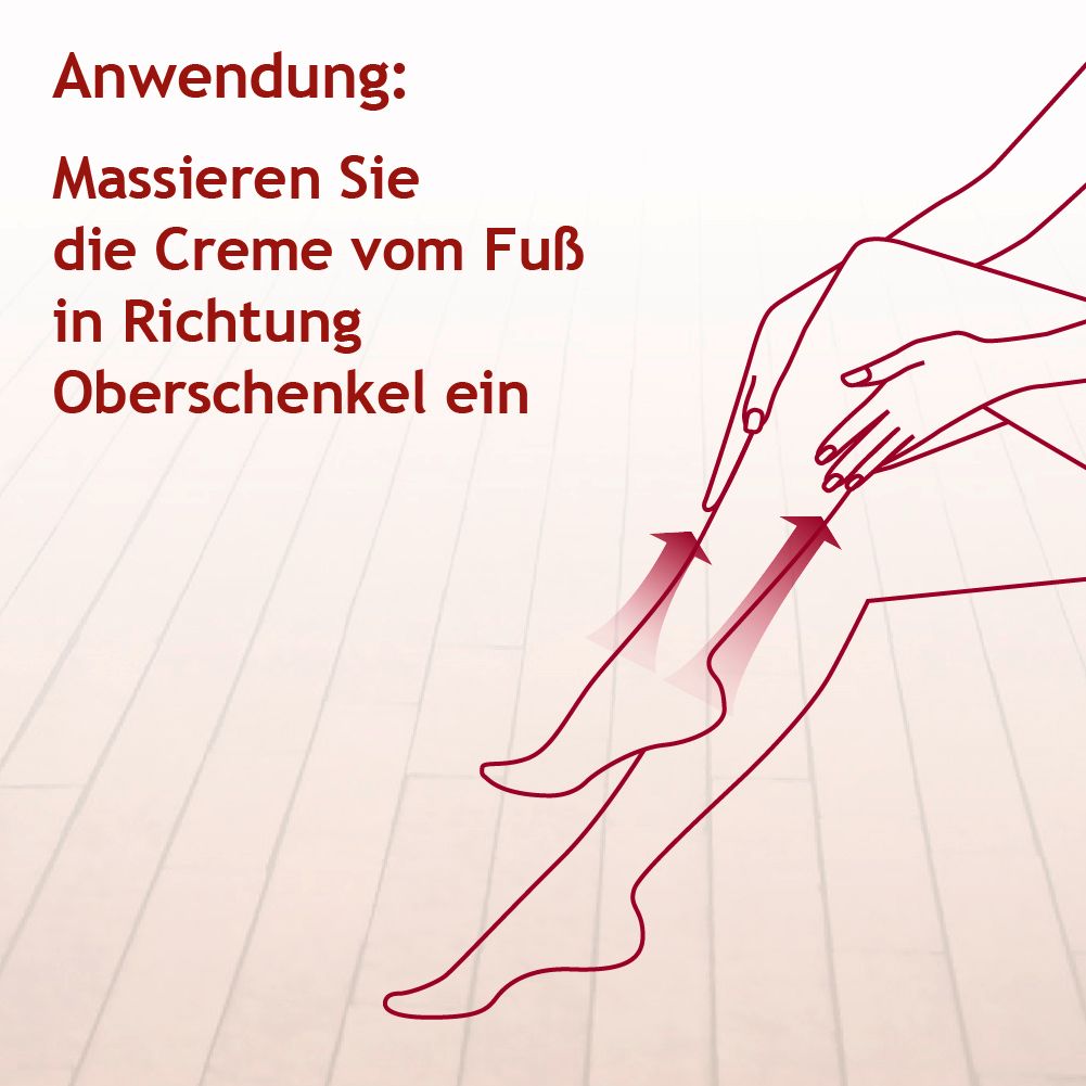 Illustration von Beinen. Pfeile zeigen die Richtung der Anwendung von Creme vom Fuß zum Oberschenkel.