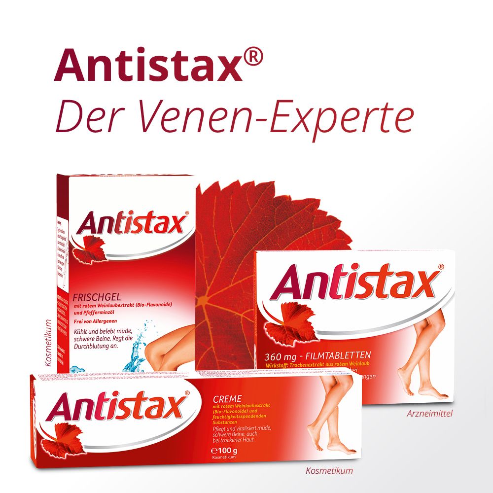 Verschiedene Antistax® Produkte. Frischgel, Creme und Tabletten. Rote und weiße Verpackungen mit Logo und Produktinformationen.