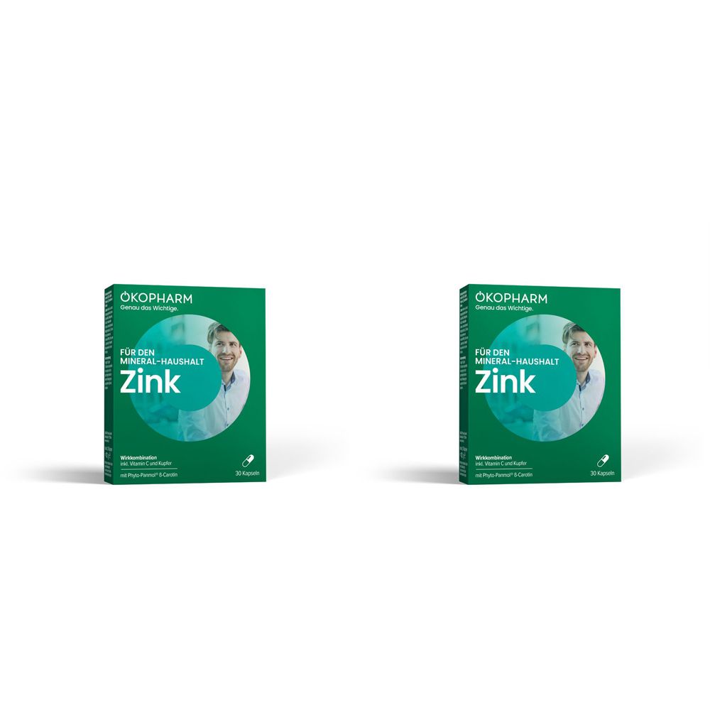 Zwei grüne Schachteln mit dem Produktnamen Zink. Aufdruck: ÖKOPHARM, für den Mineral-Haushalt. Abgebildet ist ein Mann.