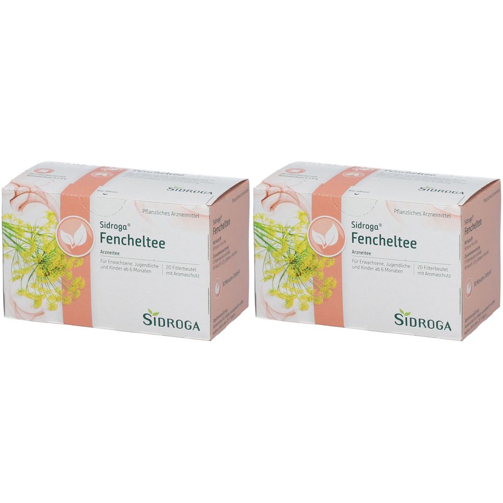 Zwei Kartons Sidroga® Fencheltee. Weiße Kartons mit rosa Akzenten und Produktinformationen. Logo und Produktname deutlich sichtbar.