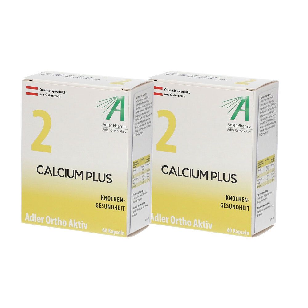 Zwei Schachteln Adler Ortho Aktiv Nr. 2. Aufschrift: Calcium Plus, Knochengesundheit. Gelbe und weiße Verpackung mit Logo.