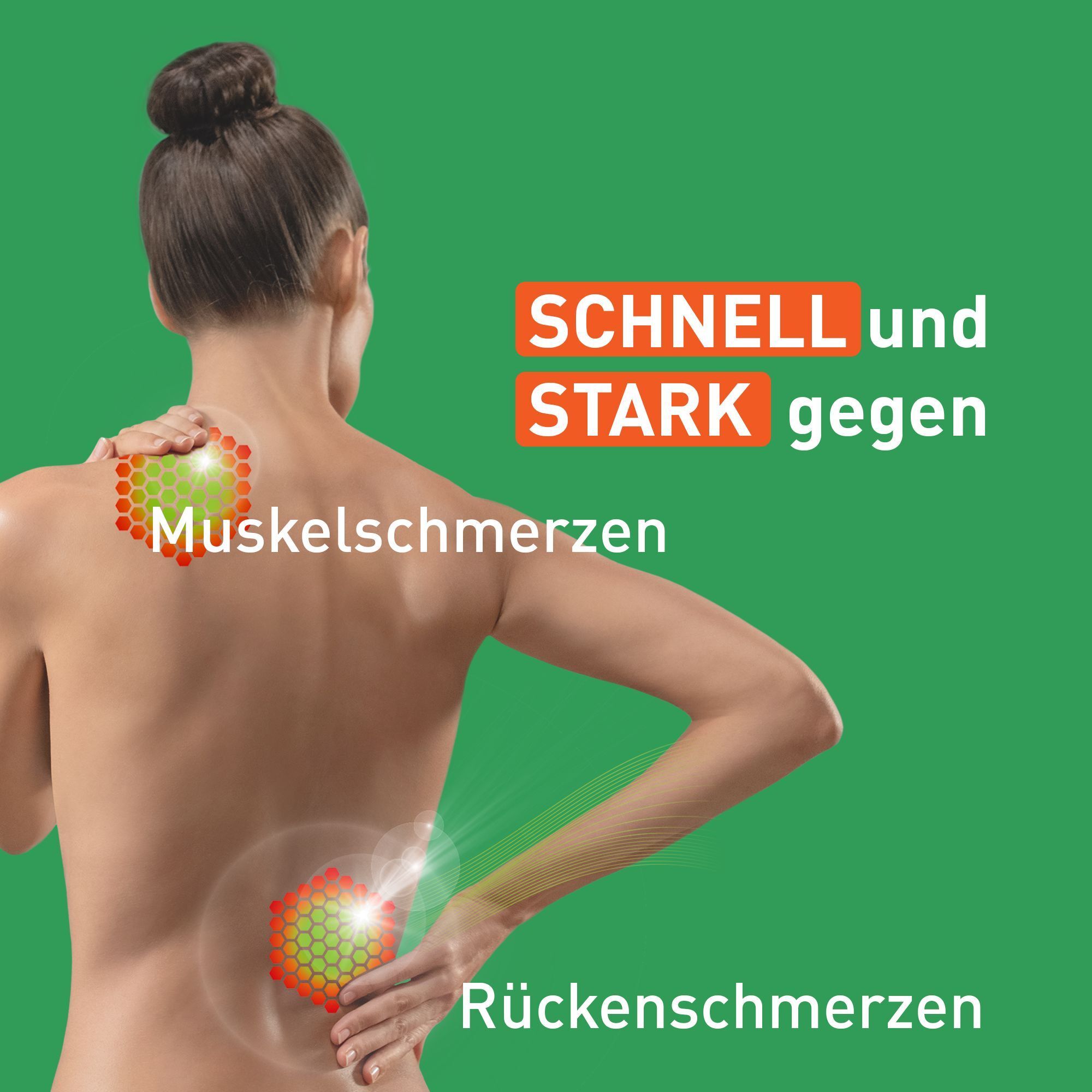 Rücken einer Frau mit Illustrationen. Text: SCHNELL und STARK gegen Muskelschmerzen und Rückenschmerzen.