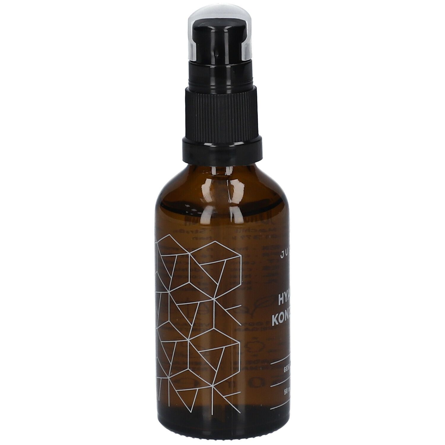 Braune Glasflasche mit schwarzem Pumpkopf. Geometrisches Muster. Aufschrift: JUNGLÜCK Hyaluron Konzentrat.