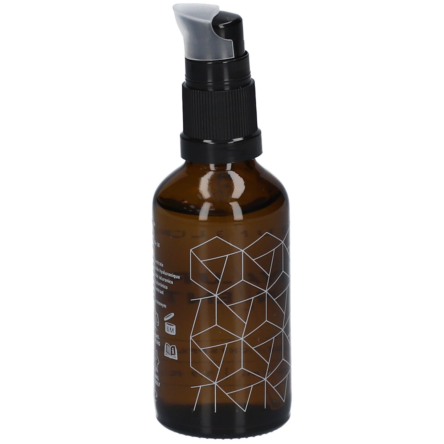 Braune Glasflasche mit schwarzem Pumpkopf. Geometrisches Muster. Aufschrift: JUNGLÜCK Hyaluron Konzentrat. Produktinformationen.